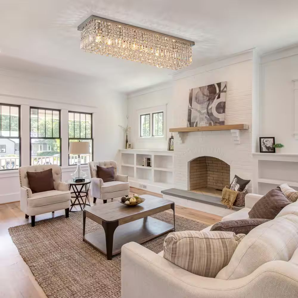 40 In. Modern 8 Light Chrome Rectangle Crystal Ceiling Light Fixture Flush Mount Light Chandelier