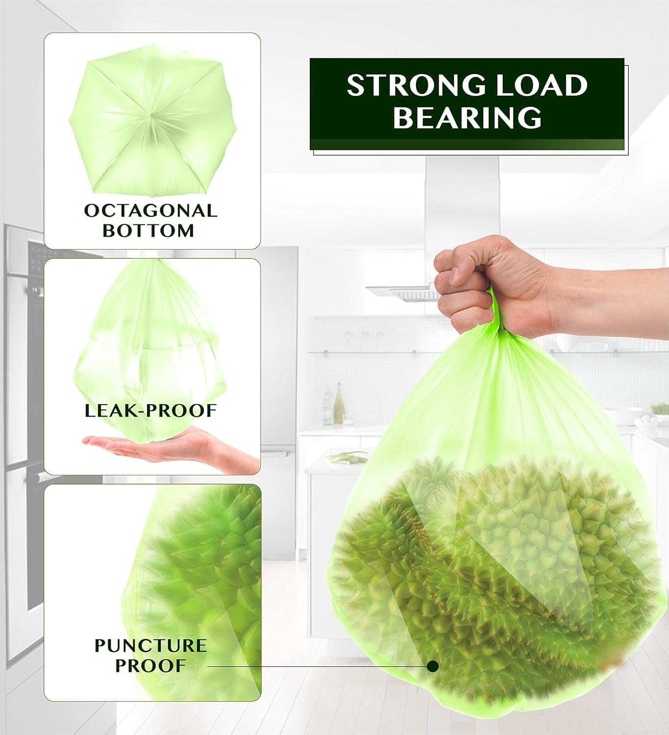 Compostable Trash Bags - 13 Gallon Tall Kitchen Garbage Bags 80 Count Unscented Trash Can Liners 55 Liter Medium Wastebasket Bags for Bathroom Home Bedroom Office Garbage Can (5Rolls/Green)