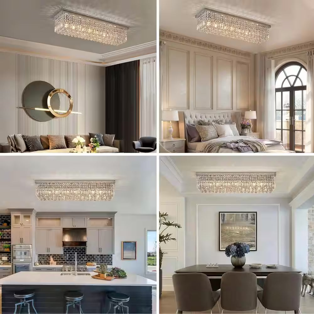 40 In. Modern 8 Light Chrome Rectangle Crystal Ceiling Light Fixture Flush Mount Light Chandelier