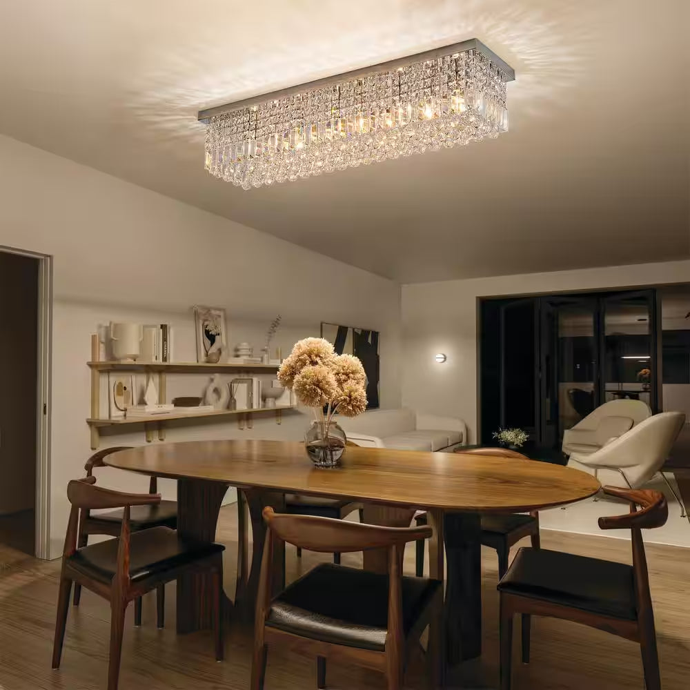 40 In. Modern 8 Light Chrome Rectangle Crystal Ceiling Light Fixture Flush Mount Light Chandelier