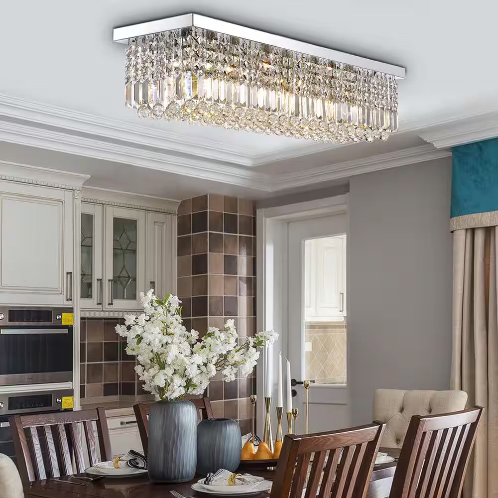 40 In. Modern 8 Light Chrome Rectangle Crystal Ceiling Light Fixture Flush Mount Light Chandelier