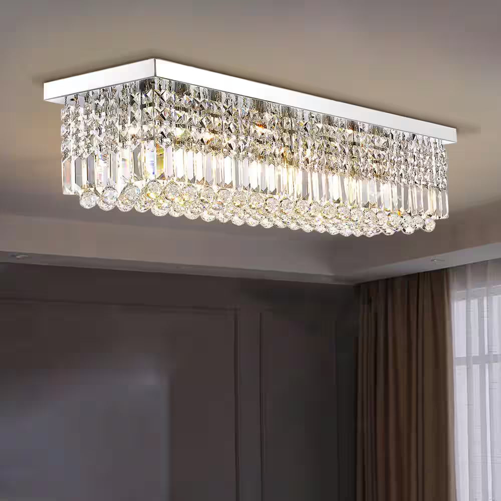40 In. Modern 8 Light Chrome Rectangle Crystal Ceiling Light Fixture Flush Mount Light Chandelier