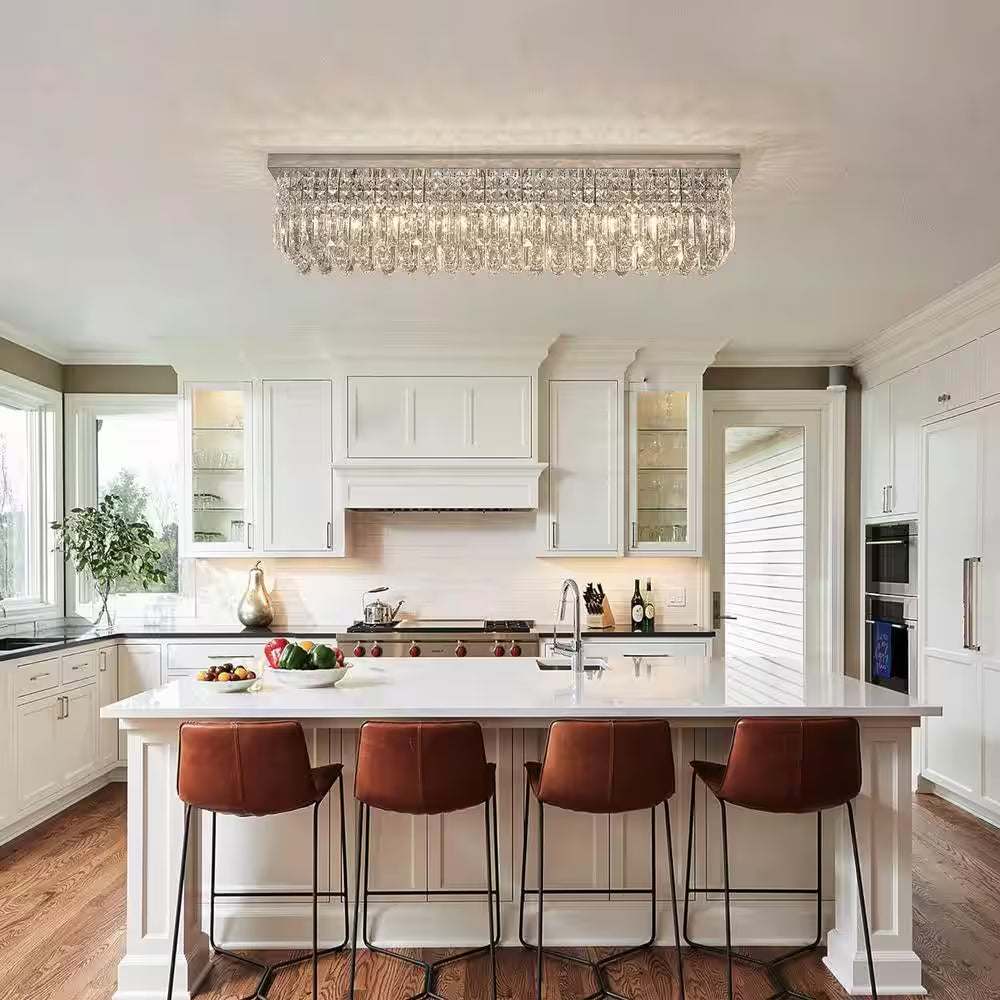40 In. Modern 8 Light Chrome Rectangle Crystal Ceiling Light Fixture Flush Mount Light Chandelier