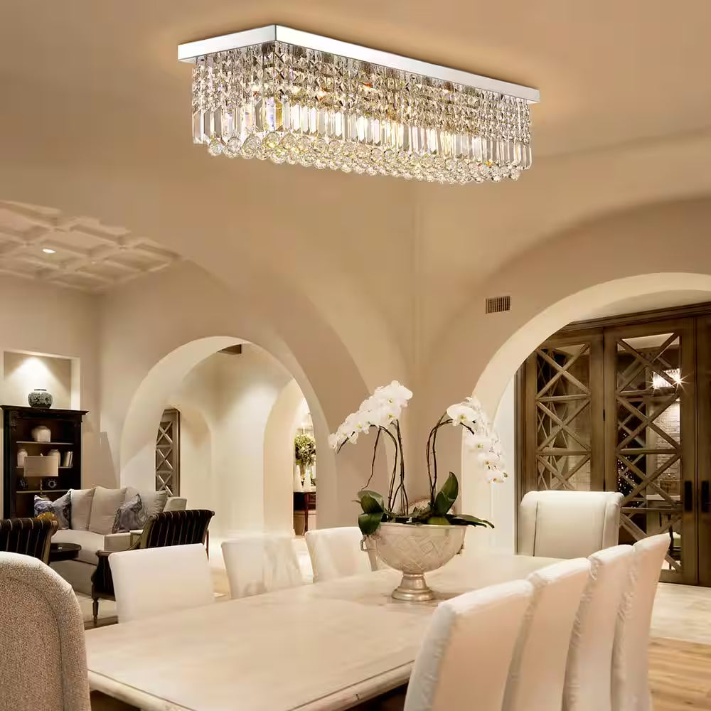 40 In. Modern 8 Light Chrome Rectangle Crystal Ceiling Light Fixture Flush Mount Light Chandelier
