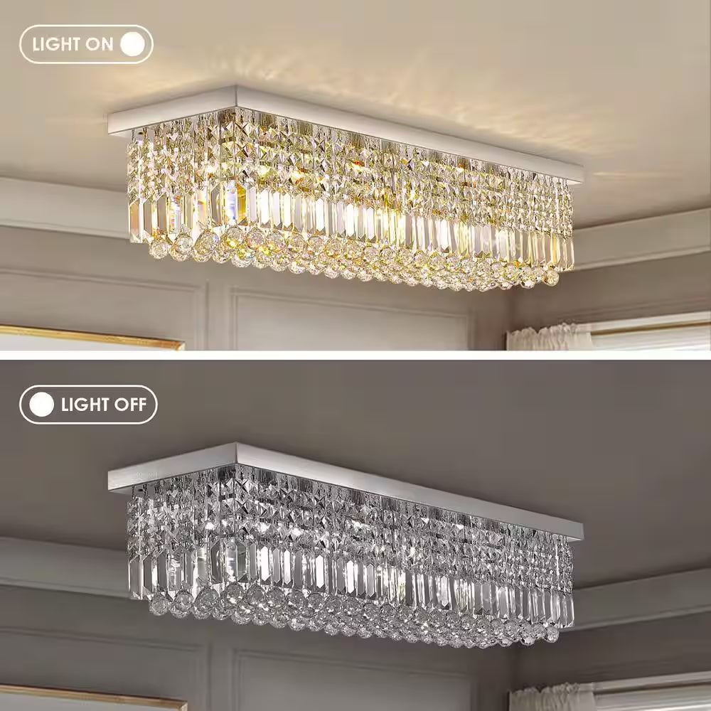 40 In. Modern 8 Light Chrome Rectangle Crystal Ceiling Light Fixture Flush Mount Light Chandelier