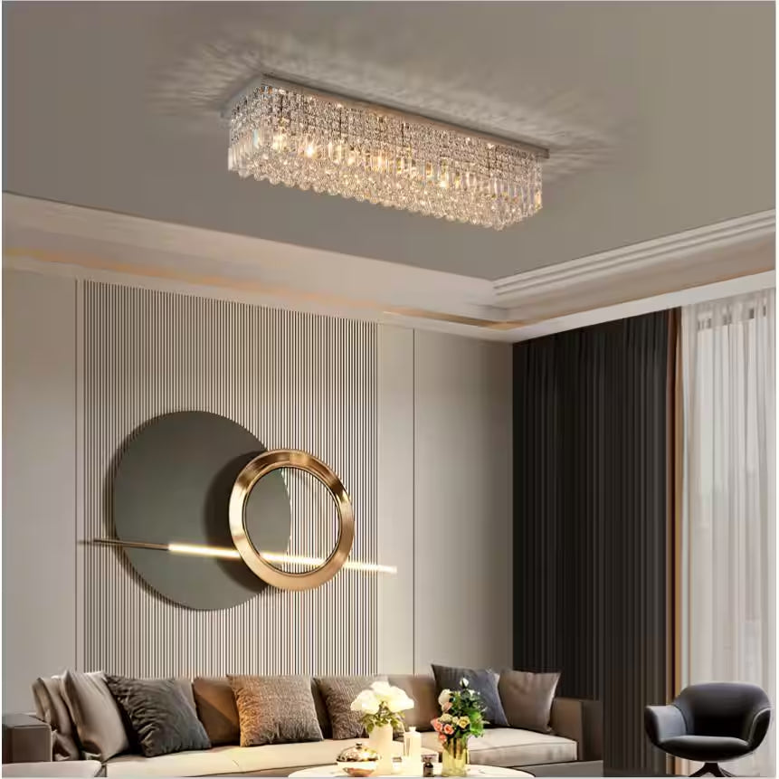 40 In. Modern 8 Light Chrome Rectangle Crystal Ceiling Light Fixture Flush Mount Light Chandelier