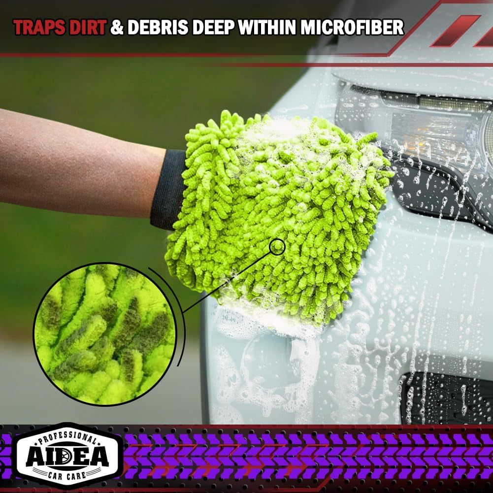 Car Wash Mitt Microfiber, 2PK Scratch Free Lint-Free, Premium Chenille Microfiber Mitt Car Wash Brush, Green, Regular Size 7.12''X10.14''