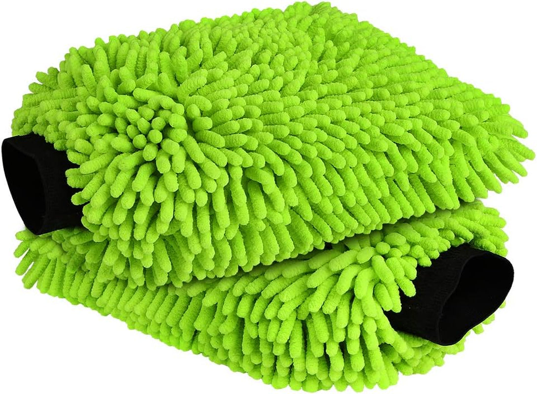 Car Wash Mitt Microfiber, 2PK Scratch Free Lint-Free, Premium Chenille Microfiber Mitt Car Wash Brush, Green, Regular Size 7.12''X10.14''
