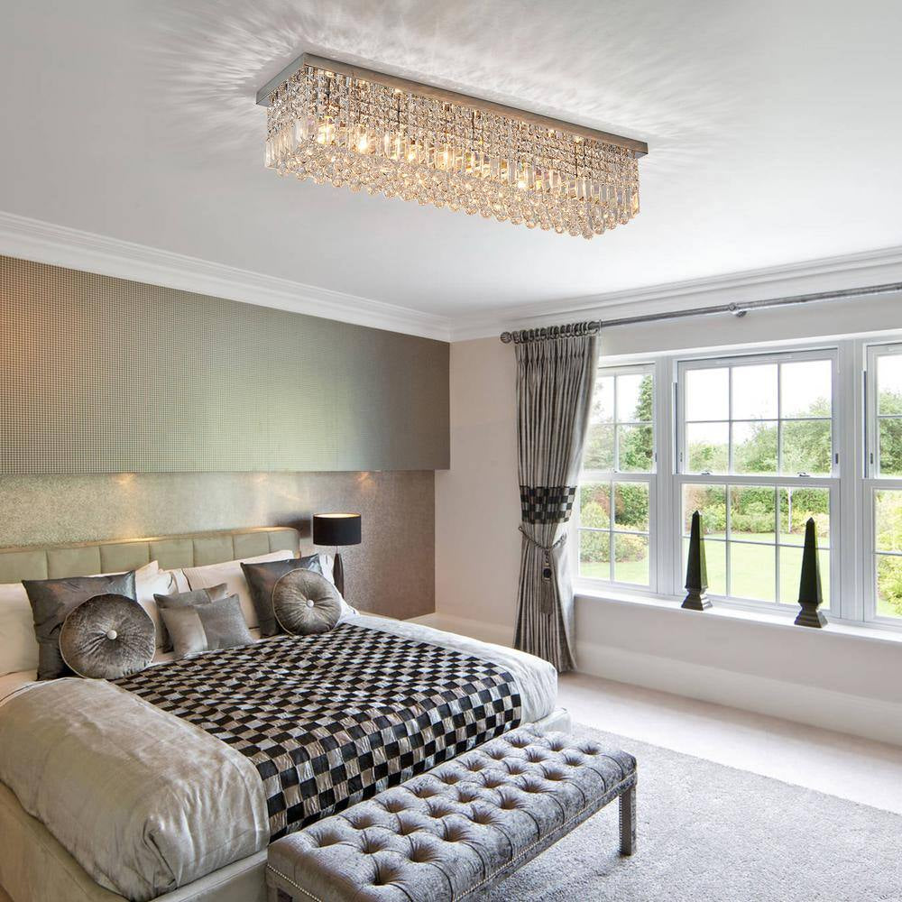 40 In. Modern 8 Light Chrome Rectangle Crystal Ceiling Light Fixture Flush Mount Light Chandelier