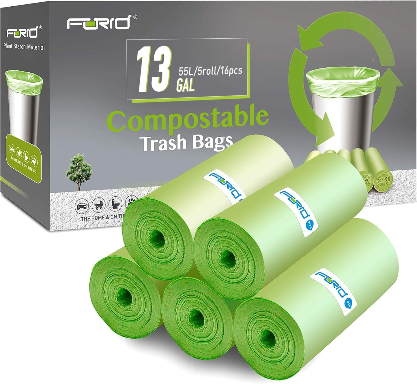 Compostable Trash Bags - 13 Gallon Tall Kitchen Garbage Bags 80 Count Unscented Trash Can Liners 55 Liter Medium Wastebasket Bags for Bathroom Home Bedroom Office Garbage Can (5Rolls/Green)