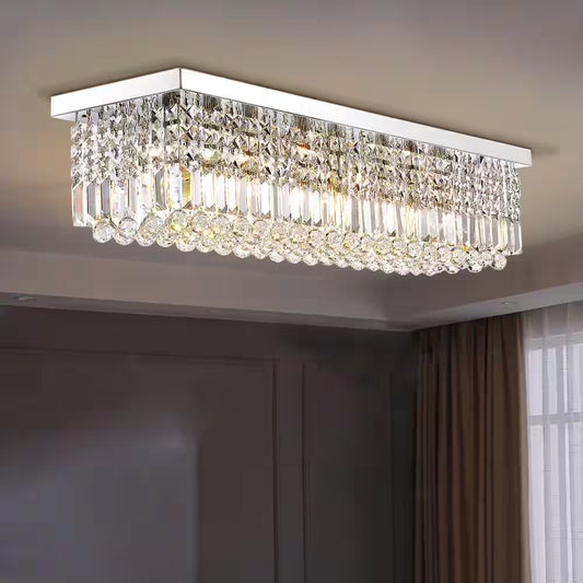 40 In. Modern 8 Light Chrome Rectangle Crystal Ceiling Light Fixture Flush Mount Light Chandelier