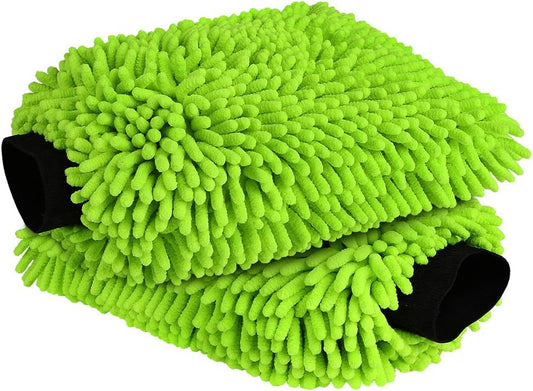 Car Wash Mitt Microfiber, 2PK Scratch Free Lint-Free, Premium Chenille Microfiber Mitt Car Wash Brush, Green, Regular Size 7.12''X10.14''